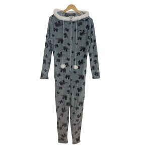 Bearpaw Zipper Front Bear Print Hoodie with Pom Pom’s Onesie Pajamas Medium